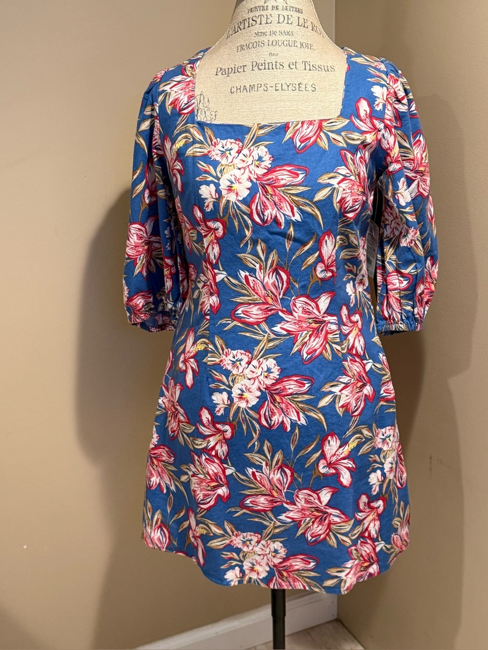 a new day Blue Floral Square-Neck Mini Dress with Pink Blossoms (NWT)